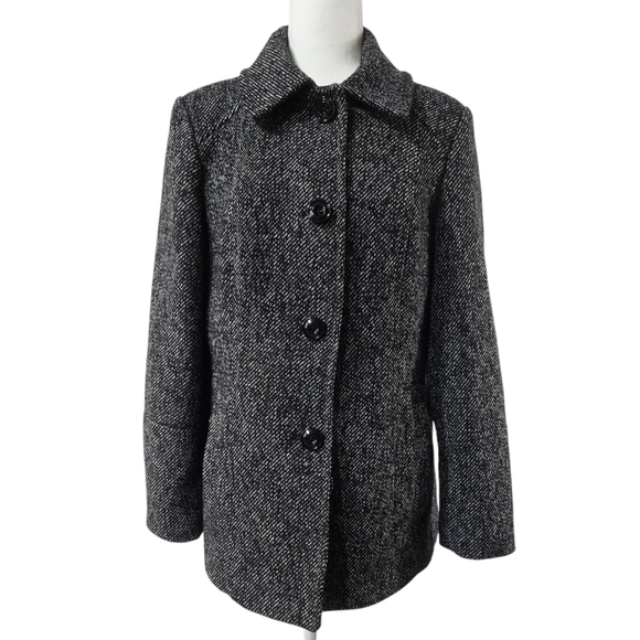 London Fog Wool Blend Black White Button-Up Peacoat Academia Office Preppy - Picture 1 of 10